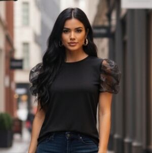 Tash + Sophie Chic Black Sheer Sleeve Top Size Small